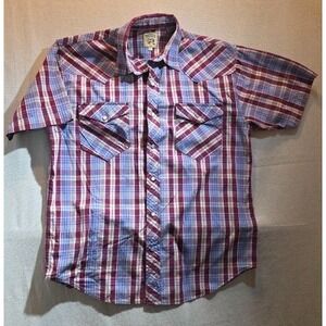 Pearl Snap 100% Cotton  Resistol Double R  Western Cowboy Red Blue Plaid Shirt L